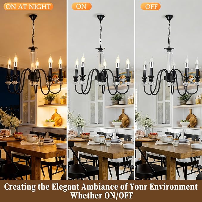 Black Chandelier, 5-Light Farmhouse Candle Chandelier for Living Room, Rustic Industrial Pendant Chandeliers for Dining Room, Vintage Crystal Hanging Light fixture for Hallway Kitchen Foyer E12