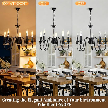Black Chandelier, 5-Light Farmhouse Candle Chandelier for Living Room, Rustic Industrial Pendant Chandeliers for Dining Room, Vintage Crystal Hanging Light fixture for Hallway Kitchen Foyer E12