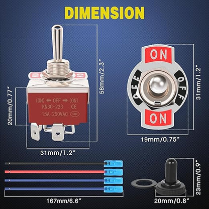 Nilight 4Pin Reverse Polarity Toggle Switch 2PCS 12V Momentary Rocker Switches 30A On Off On DPDT 3 Position Waterproof Boot Cap Jack Motor Control w/14 Gauge Wires