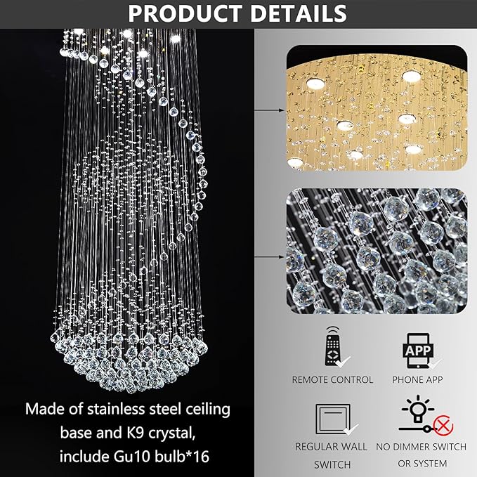D40'' x H120'' Crystal Chandelier High Ceiling Chandeliers for Staircaes Large Raindrop Chandeliers LED Dimmable Flush Mount Light Fixtures for Foyer Hallway Entryway LED Bulbs Included Gold