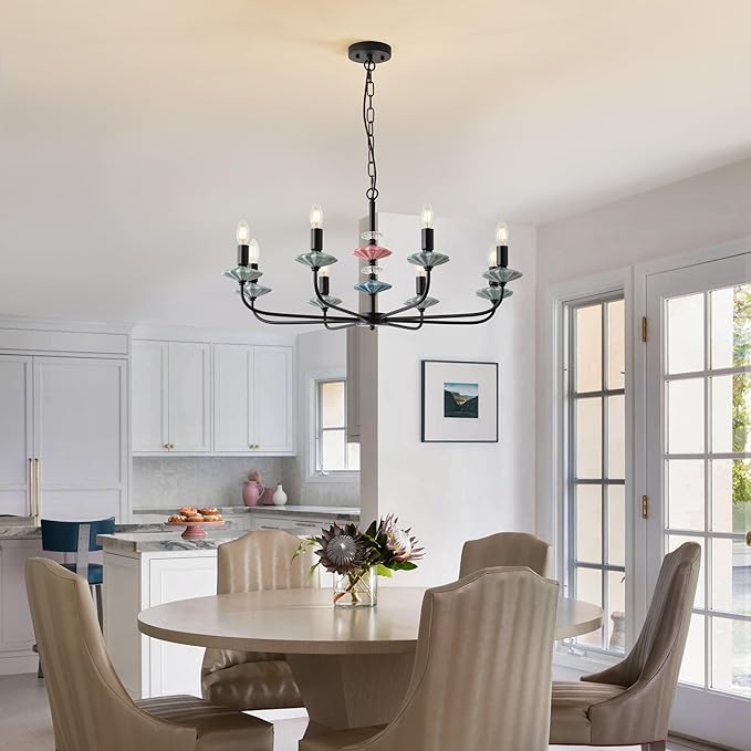 Black Chandeliers for Dining Room Light Fixture Over Table,8-Light Art Deco Chandelier, Modern Vintage Chandelier with Ceramic,Farmhouse Chandelier for Girls Bedroom,Living Room, Foyer