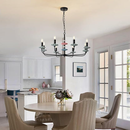 Black Chandeliers for Dining Room Light Fixture Over Table,8-Light Art Deco Chandelier, Modern Vintage Chandelier with Ceramic,Farmhouse Chandelier for Girls Bedroom,Living Room, Foyer