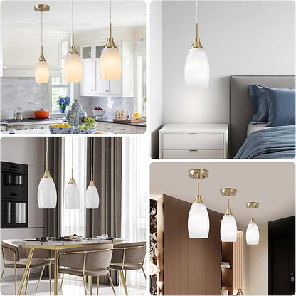 Viinew Mini Glass Pendant Light 3-Pack Handblown Art White Swirl Oval Hanging Pendant Lamp 4.72" Glass Chandelier for Kitchen Island Dining Room Living Foyer Hallway Entry Brushed Gold Finish
