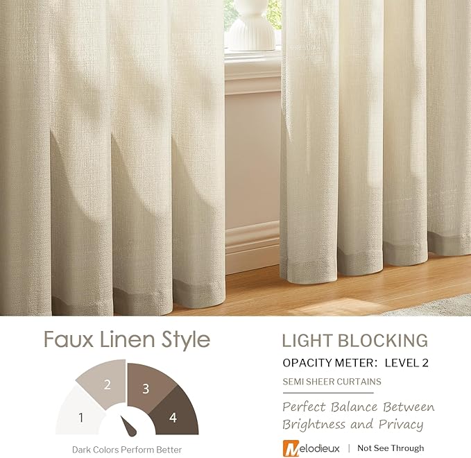 Melodieux Tan Semi Sheer Curtains 72 Inches Long for Bedroom, Living Room Farmhouse Linen Look Shiny Sheer Drapes, Rod Pocket Light Filtering Sheer Curtains, 52" W x 72" L, 2 Panels