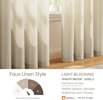 Melodieux Tan Semi Sheer Curtains 72 Inches Long for Bedroom, Living Room Farmhouse Linen Look Shiny Sheer Drapes, Rod Pocket Light Filtering Sheer Curtains, 52" W x 72" L, 2 Panels