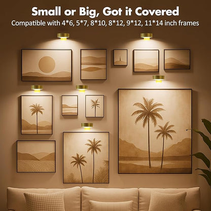 6Pcs Battery Operated Picture Light, Magnetic Led Painting Light with Remote Dimmable and Timer, 3 Lighting Modes Art Display Light for Picture Frame Paintings, Wireless Wall Decor Puck Lights, Gold