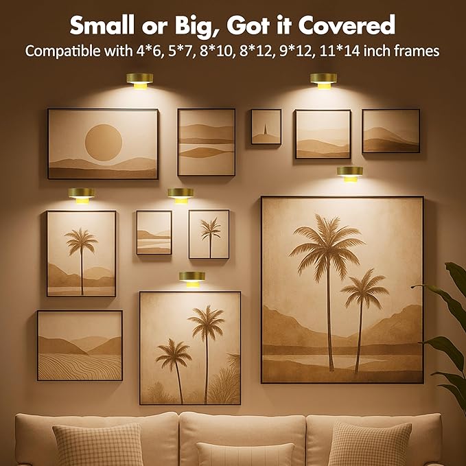 3Pcs Battery Operated Picture Light, Magnetic Led Painting Light with Remote Dimmable and Timer, 3 Lighting Modes Art Display Light for Picture Frame Paintings, Wireless Wall Decor Puck Lights, Gold