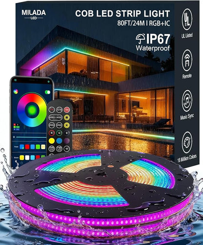 80ft/24m COB LED Strip Lights Outdoor, Smart RGB IC IP67 Waterproof Dimmable Color Changing Tape Light with App Remote Control & Music Sync, for Eave, Patio, Pool & Party Darden Decorations(2 Rolls)
