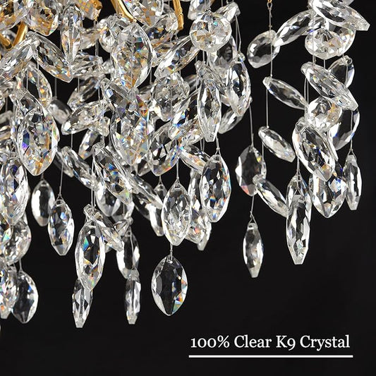 Gold Crystal Tree Branch Chandelier, Modern Round Art Deco Raindrop Lighting Fixture for Dining Room Bedroom Living Room 8 Lights D23.7''