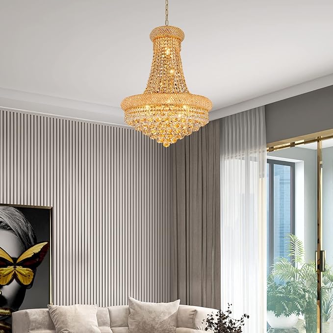 Crystal Chandeliers for Dining Room Light Fixture,Empire Style K9 Crystal Chandeliers for Entryway,12 Lights Gold Luxury Lighting Fixtures for Living Room Stairway Bedroom Foyer D22 Inch
