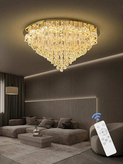 Flashing God 48inches Gold Crystal Chanderliers for Living Room Entryway Modern Crystal Folwer Ceiling Light for Foyer Interior LED Dimmable Lighting 2700k 4500k 6000k