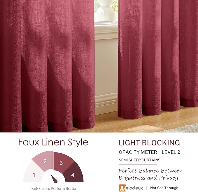 Melodieux Burgundy Semi Sheer Curtains 72 Inches Long for Bedroom, Living Room Farmhouse Linen Look Shiny Sheer Drapes, Rod Pocket Light Filtering Sheer Curtains, 52" W x 72" L, 2 Panels