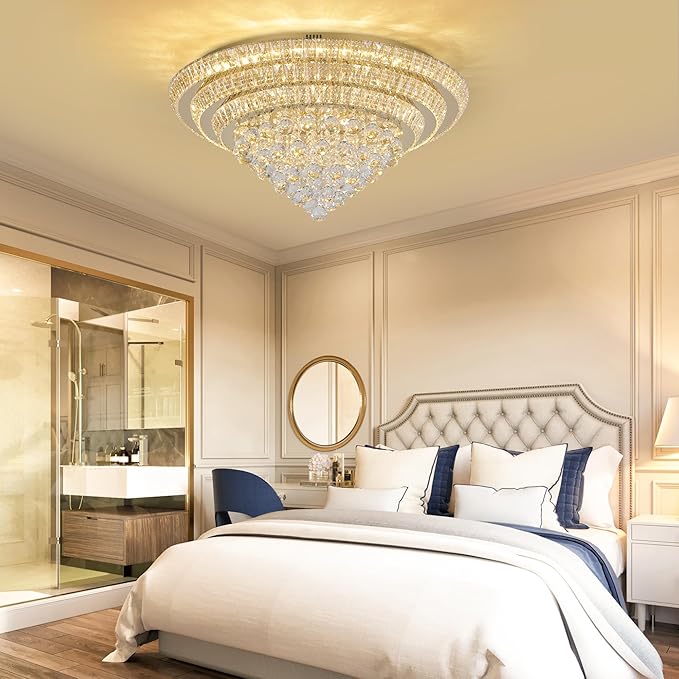 Miuyhji Large LED Crystal Raindrop Ceiling Light,Rose Gold, 30" Elegant Semi Flush Mount Chandelier Light Fixture with Remote Control for Living Room Kitchen Bedroom Hallway Entryway Foyer(Dimmable)