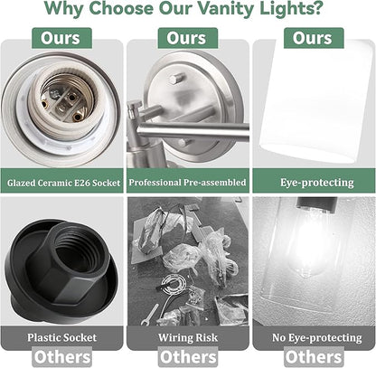 3-Light Bathroom Vanity Light Fixture, Brushed Nickel Compact Vanity Light with White Frosted Glass Shades for Mirror, Bathroom, Living Room, Modern Style, E26 Base, 16 Inch