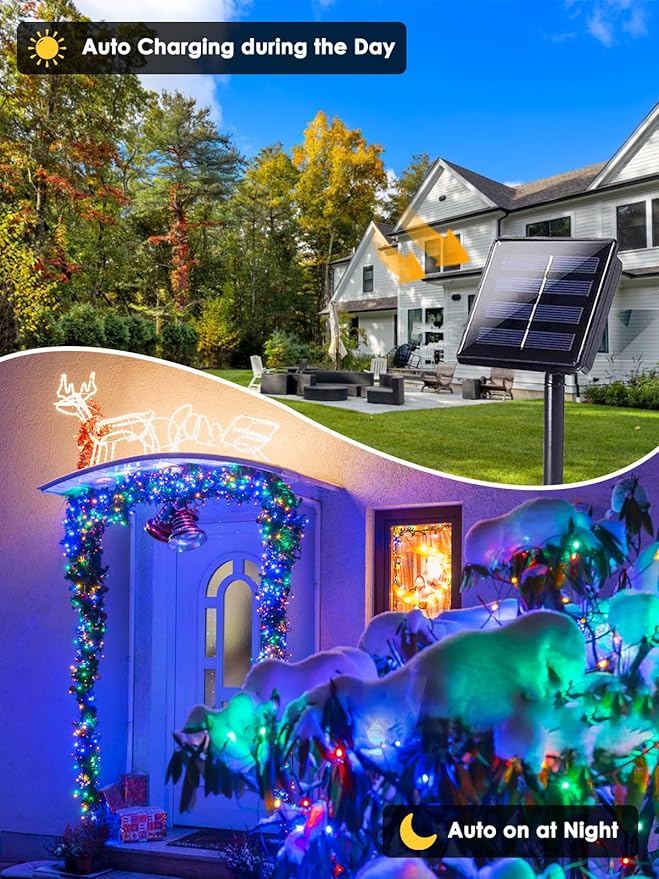 4 Pack 400 LED Solar Christmas Lights Outdoor, Solar String Lights for Outside with 8 Lighting Modes, Waterproof Green Wire Solar Powered Tree Light for Xmas Party Yard Garden Decorations (Multicolor)
