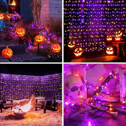 Purple Orange Curtain Lights Battery Operated Halloween 300 LED Hanging Curtain Lights with Remote 8 Modes Timer for Wedding Halloween Party Decór (9.8ft×9.8ft)