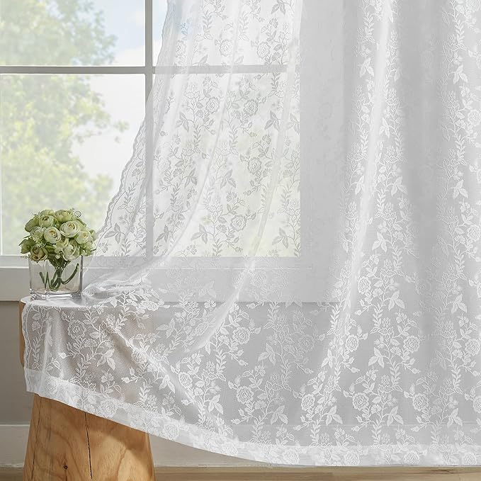 FINECITY White Lace Curtains 63 Inch Length for Bedroom, Rustic Leaf Floral Design Lace Curtain Panels, Rod Pocket Farmhouse Privacy Sheer Lace Curtains, 42 x 63 Inch, 2 Panels, White
