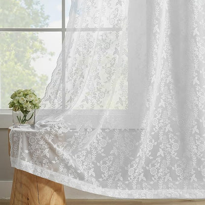 FINECITY White Lace Curtains 63 Inch Length for Bedroom, Rustic Leaf Floral Design Lace Curtain Panels, Rod Pocket Farmhouse Privacy Sheer Lace Curtains, 42 x 63 Inch, 2 Panels, White