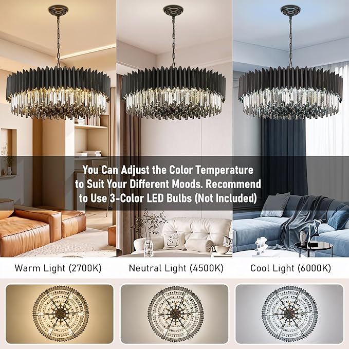 Black Crystal Chandelier 30'' K9 Smoke Gray Crystal Round Pendant Lights 12 Lights 6-Tier Large Modern Chandelier Light for Dining Room Living Room Bedroom Foyer Entryway