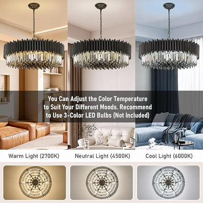 Black Crystal Chandelier 30'' K9 Smoke Gray Crystal Round Pendant Lights 12 Lights 6-Tier Large Modern Chandelier Light for Dining Room Living Room Bedroom Foyer Entryway
