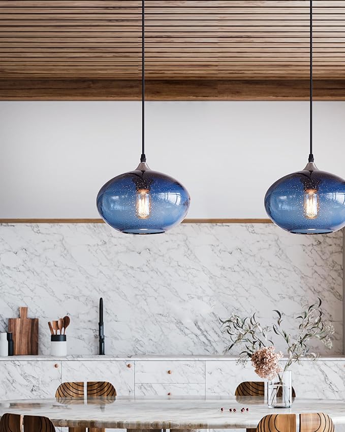 Pendant Lighting for Kitchen Island Blue Glass Modern Hanging Light Fixtures Seeded Bubble Over Sink 9.4 Inch Diam