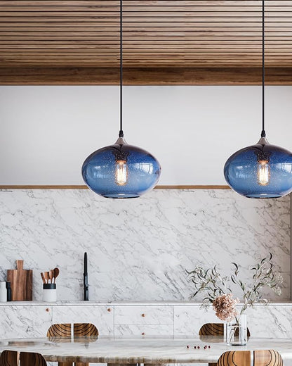 Pendant Lighting for Kitchen Island Blue Glass Modern Hanging Light Fixtures Seeded Bubble Over Sink 9.4 Inch Diam