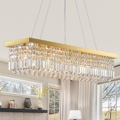 Gold Modern Crystal Chandeliers for Dining Room Kitchen Island Light Fixture, 8-Light Rectangle Chandelier for Living Room, L39.4 Inch