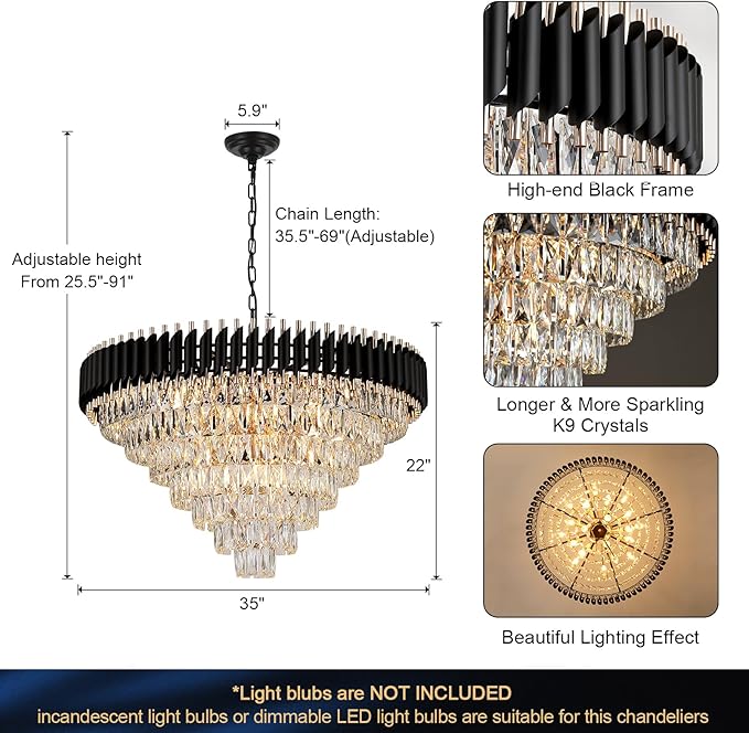 Modern Black and Gold Crystal Chandeliers 35'' Large Chandeliers for High Ceiling 7-Tier 22-Light K9 Crystal Luxury Round Crystal Chandelier Light Fixture for Staircase Living Room Foyer Lobby