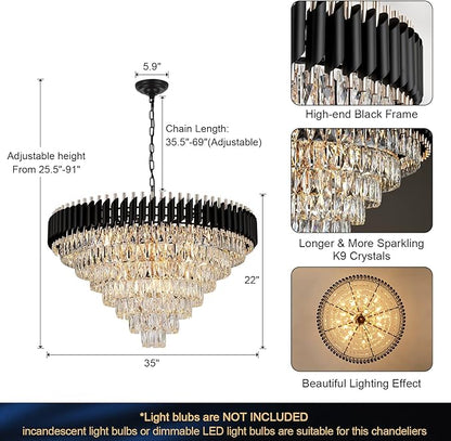 Modern Black and Gold Crystal Chandeliers 35'' Large Chandeliers for High Ceiling 7-Tier 22-Light K9 Crystal Luxury Round Crystal Chandelier Light Fixture for Staircase Living Room Foyer Lobby