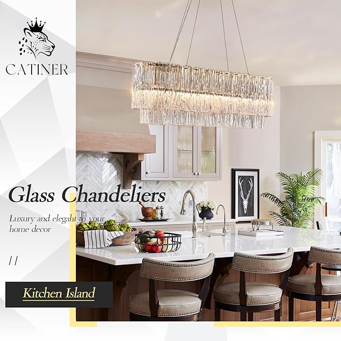 CATINER Gold Rectangle Chandeliers for Dining Room Modern Island Light Crystal Glass 6-Light Chandelier Rectangular Linear Pendant Hanging Ceiling Light Fixture for Kitchen L35.5”