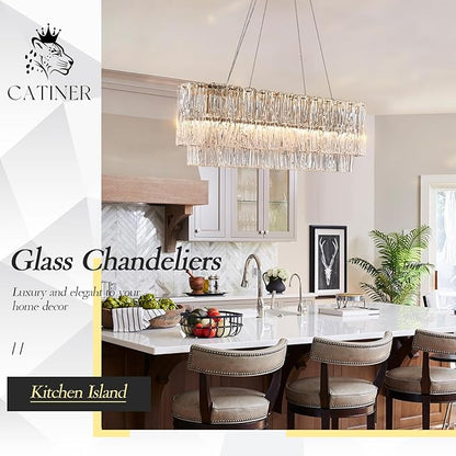 CATINER Gold Rectangle Chandeliers for Dining Room Modern Island Light Crystal Glass 6-Light Chandelier Rectangular Linear Pendant Hanging Ceiling Light Fixture for Kitchen L35.5”