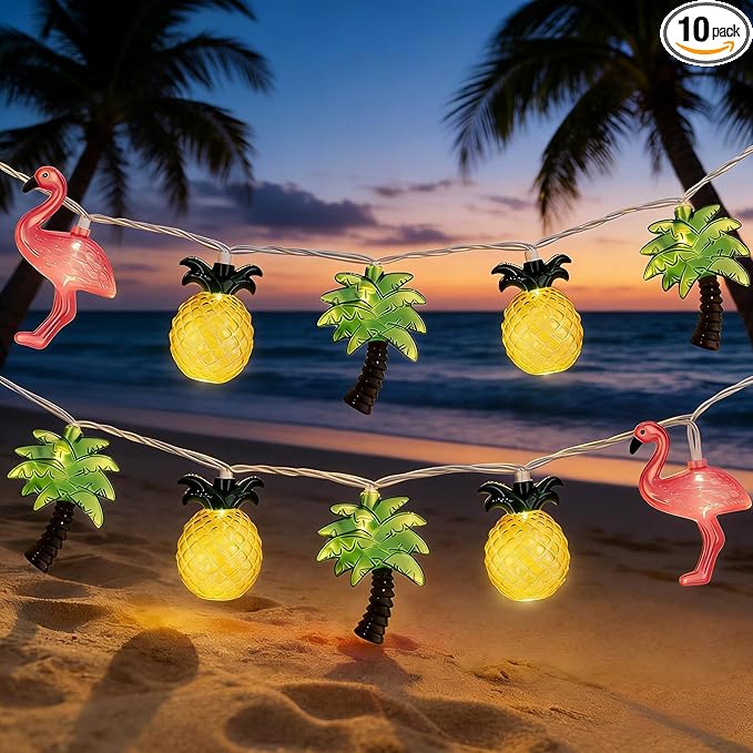 8.5FT Hawaiian Tropical String Lights 10LED Plug in Fairy Lights – Flamingo Pineapple Palm Tree, Waterproof Connectable Outdoor Lights for Luau Party Beach Pool Patio Indoor Summer Decor, UL Listed