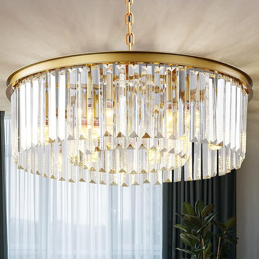 Gold Modern Crystal Chandelier, 2-Tier Round Flush Mount Ceiling Light Fixtures Height Adjustable Pendant Lighting for Dining Room Living Room Bedroom Kitchen Hotel Foyer