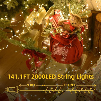 Fairy Lights Plug in 130Ft 2000LED Warm Christmas Wreath Lights with Timer Remote Waterproof Firecracker Twinkle Cluster String Light for Bedroom Wreath Party Garland Tree Decor Green Wire