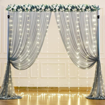 Silver Grey Tulle Backdrop Curtain with Lights String for Parites 10x10ft Sheer Backdrop Curtains for Birthday Party Bridal Shower Baby Shower Wedding Ceremony Prom Photo Booth Background Decorations