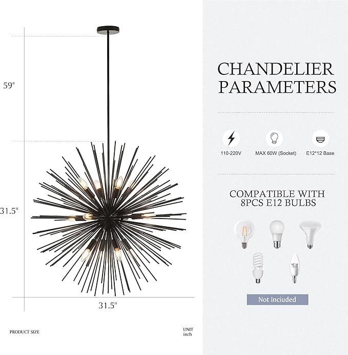 31.5" 12-Light Black Sputnik Chandelier Modern Industrial Foyer Light Fixtures, Adjustable Firework Globe Ceiling Fixture for Living Room, Entryway, Dining, Bedroom, Hallway, Stairway