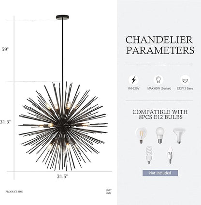 31.5" 12-Light Black Sputnik Chandelier Modern Industrial Foyer Light Fixtures, Adjustable Firework Globe Ceiling Fixture for Living Room, Entryway, Dining, Bedroom, Hallway, Stairway