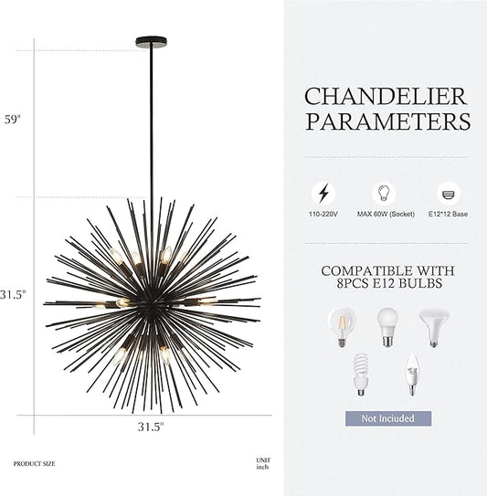 31.5" 12-Light Black Sputnik Chandelier Modern Industrial Foyer Light Fixtures, Adjustable Firework Globe Ceiling Fixture for Living Room, Entryway, Dining, Bedroom, Hallway, Stairway