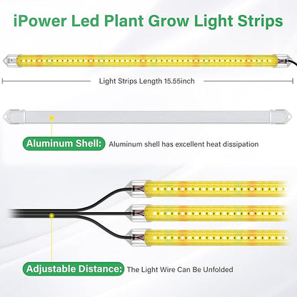 iPower 40W LED Plant Grow Light Strips Full Spectrum for Indoor Plants with Auto ON/Off 3/9/12H Timer, 10 Dimmable Levels 48 LEDs Per Tude, for Hydroponics Succulent, 3 Tubes*2, Yellow