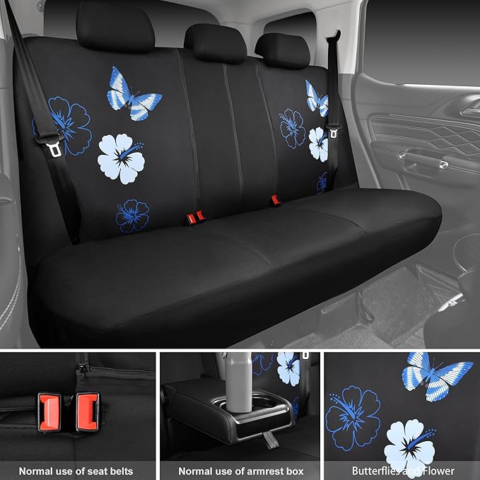CAR PASS Blue Butterfly Car Seat Covers Full Set, Embroidered Flower Waterproof Car Floor Mats Carpet, Butterflies Steering Wheel Cover for Universal Car Accessories Interior Sets (Black and Blue)