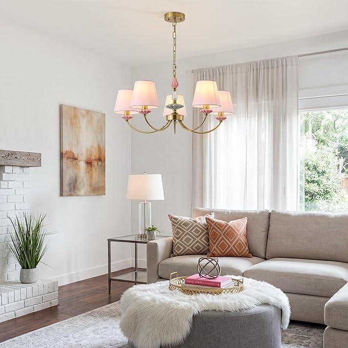 Pink Chandelier for Bedroom Light Fixture, Brushed Gold Art Deco Chandelier with Fabric Shade,Antique Modern Chandeliers paired with Ceramic for Girls Bedroom，Living Room，Dining Room