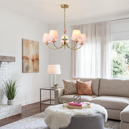 Pink Chandelier for Bedroom Light Fixture, Brushed Gold Art Deco Chandelier with Fabric Shade,Antique Modern Chandeliers paired with Ceramic for Girls Bedroom，Living Room，Dining Room