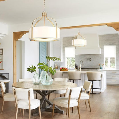 20.5'' Gold Drum Chandelier Light Fixture, 5-Light Large Modern Farmhouse Chandeliers for Dining Room Gold Drum Hanging Pendant Light with White Fabric Shade for Kitchen Living Room Foyer Bedroom