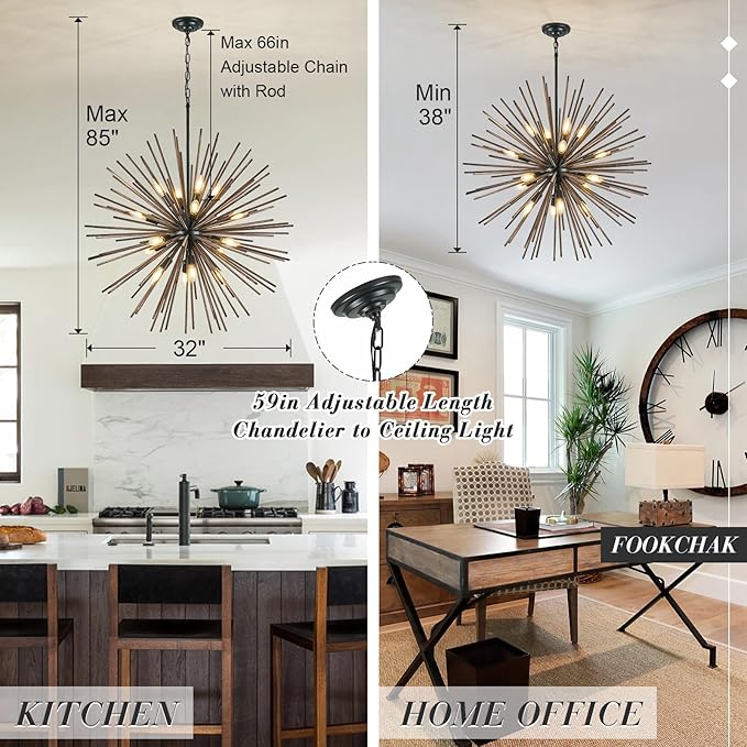 Large Wood Sputnik Chandeliers 16 Light Starburst Chandelier Light Fixture Solid Wood Farmhouse Black Satellite Light Fixture for Dining Room Foyer Living Room 32in