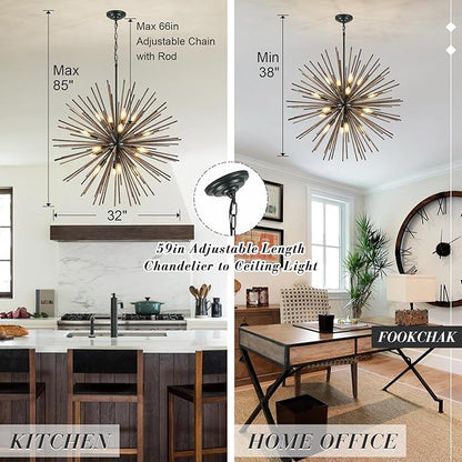 Large Wood Sputnik Chandeliers 16 Light Starburst Chandelier Light Fixture Solid Wood Farmhouse Black Satellite Light Fixture for Dining Room Foyer Living Room 32in