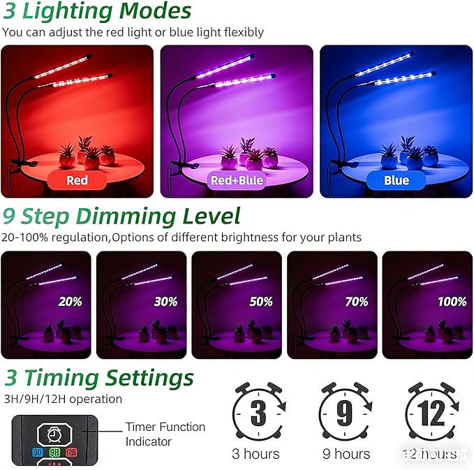 Full Spectrum 4 Heads LED Plant Grow Light with Flexible Gooseneck, 3/9/12H 3 Modes 10 Dimmable Levels, 160 LEDs Clip On Grow Light for Indoor Plants, Seed Starting, Flowers & Vegetables