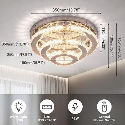 Modern Crystal Chandelier Round LED Ceiling Light Flush Mount Crystal Chandeliers for Dining Room Bedrooms Living Room, 42W, 3000 K Warm White