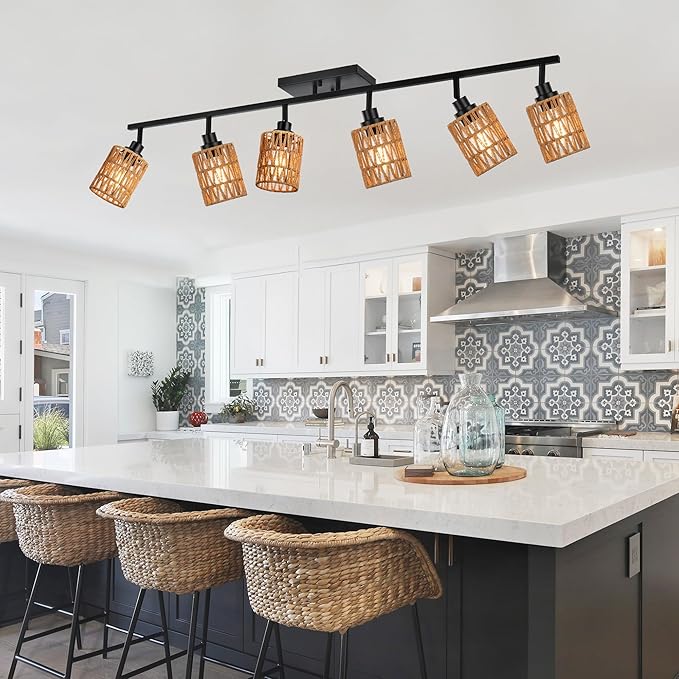 MELUCEE Ceiling Track Lighting Kits 6 Light Farmhouse Bathroom Light Fixtures with Flexibly Rotatable Light Head, Black Spotlights with Rattan Lamp Shade for Hallway Porch Foyer Bath