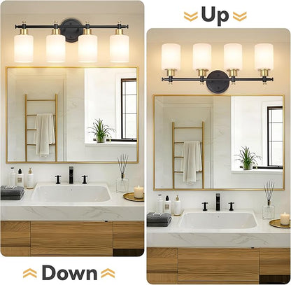 4-Light Bathroom Vanity Light, Modern Black and Gold Vanity Lights for Bathroom, White Frosted Glass Shades, Anti-Rust Vanity Light Fixture over Mirror, 23 Inch (Bulbs Not Included, E26 Base)