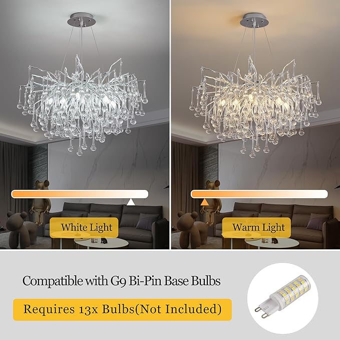 Modern Crystal Raindrop Chandelier, Silver Round Art Deco Tree Branch Lighting Fixture for Dining Room Living Room Foyer 13 Lights D31.5''